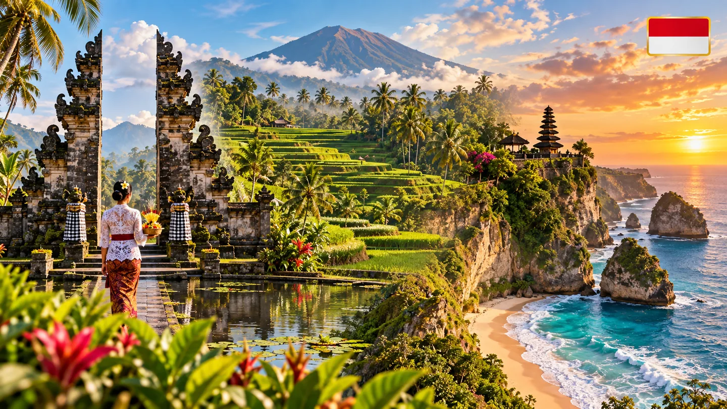 Bali travel panorama with temples, rice terraces, tropical coastline and sunset