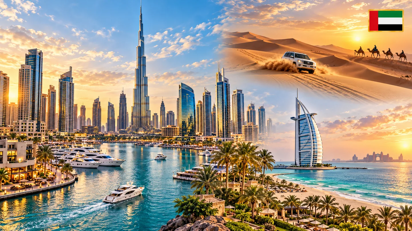 Dubai travel panorama with skyline, Burj Khalifa, marina, desert safari and beach