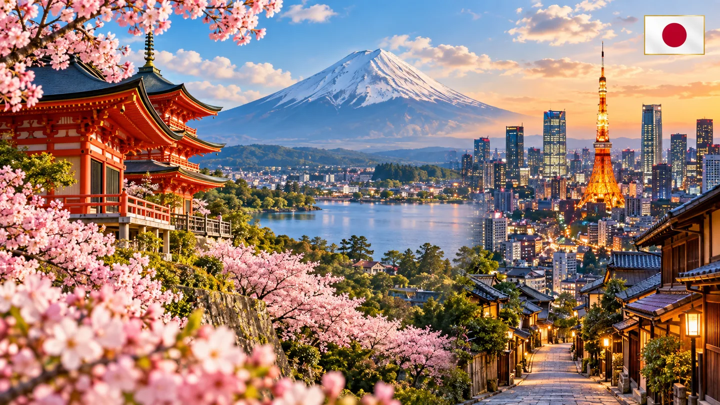 Japan travel panorama with Mount Fuji, cherry blossoms, traditional streets and Tokyo skyline