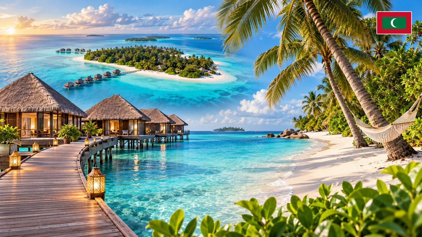 Maldives travel panorama with turquoise lagoon, overwater villas, white-sand beach and palm trees