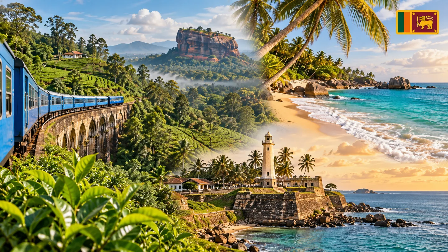 Sri Lanka travel panorama with hill-country train, tea fields, Sigiriya, tropical coast and Galle lighthouse