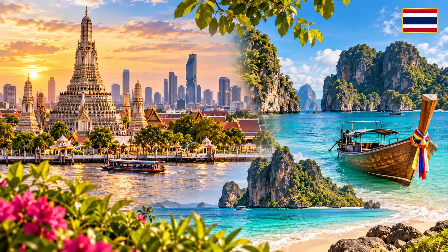 Thailand travel panorama with Bangkok temple skyline, limestone islands and tropical beach