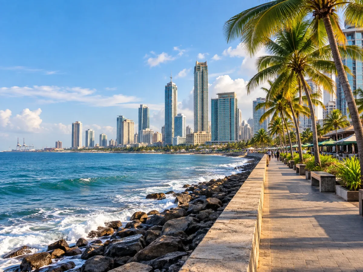 Colombo waterfront promenade with modern skyline, palm trees and Indian Ocean