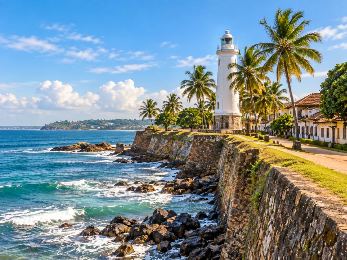 Galle Fort lighthouse beside tropical coast and historic fort walls in Sri Lanka